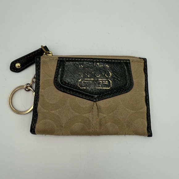 Coach Beige Brown Signature C‎ Jacquard Canvas Key Coin Pouch Leather Trim - Picture 1 of 5